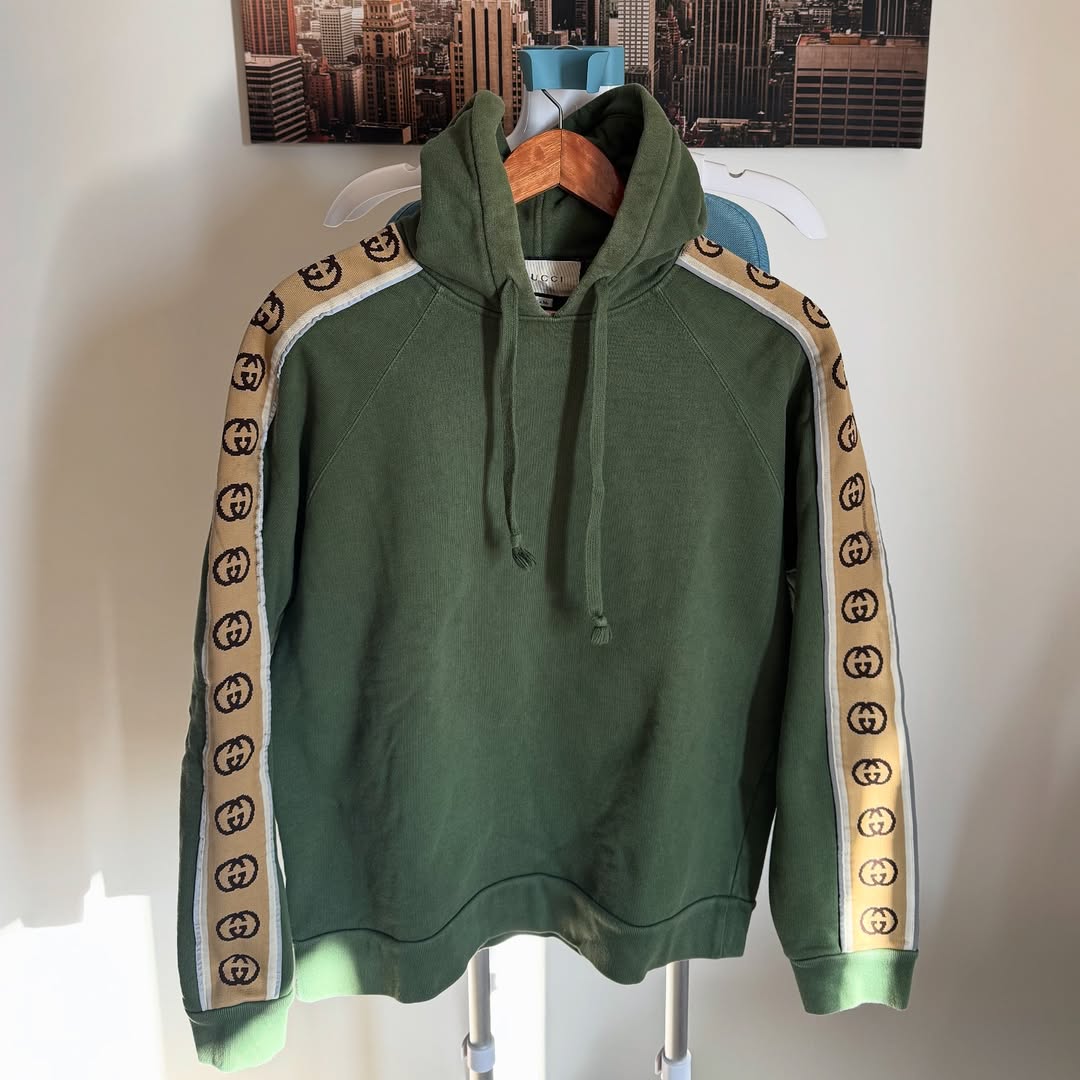 GUCCI GREEN KNIT GG STRIPE DETAIL SLEEVES HOODIE