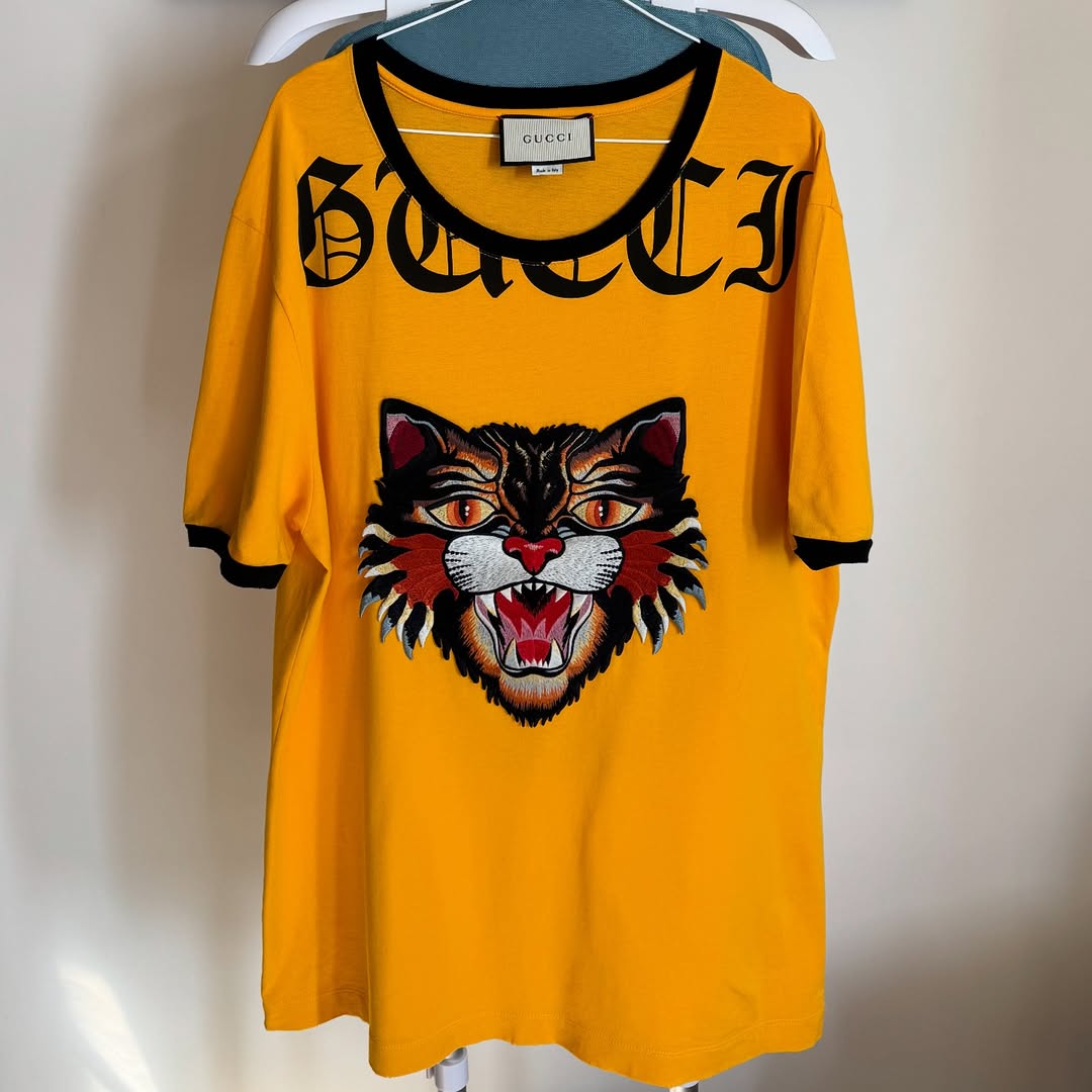 YELLOW GUCCI TIGER EMBROIDERED COTTON T-SHIRT