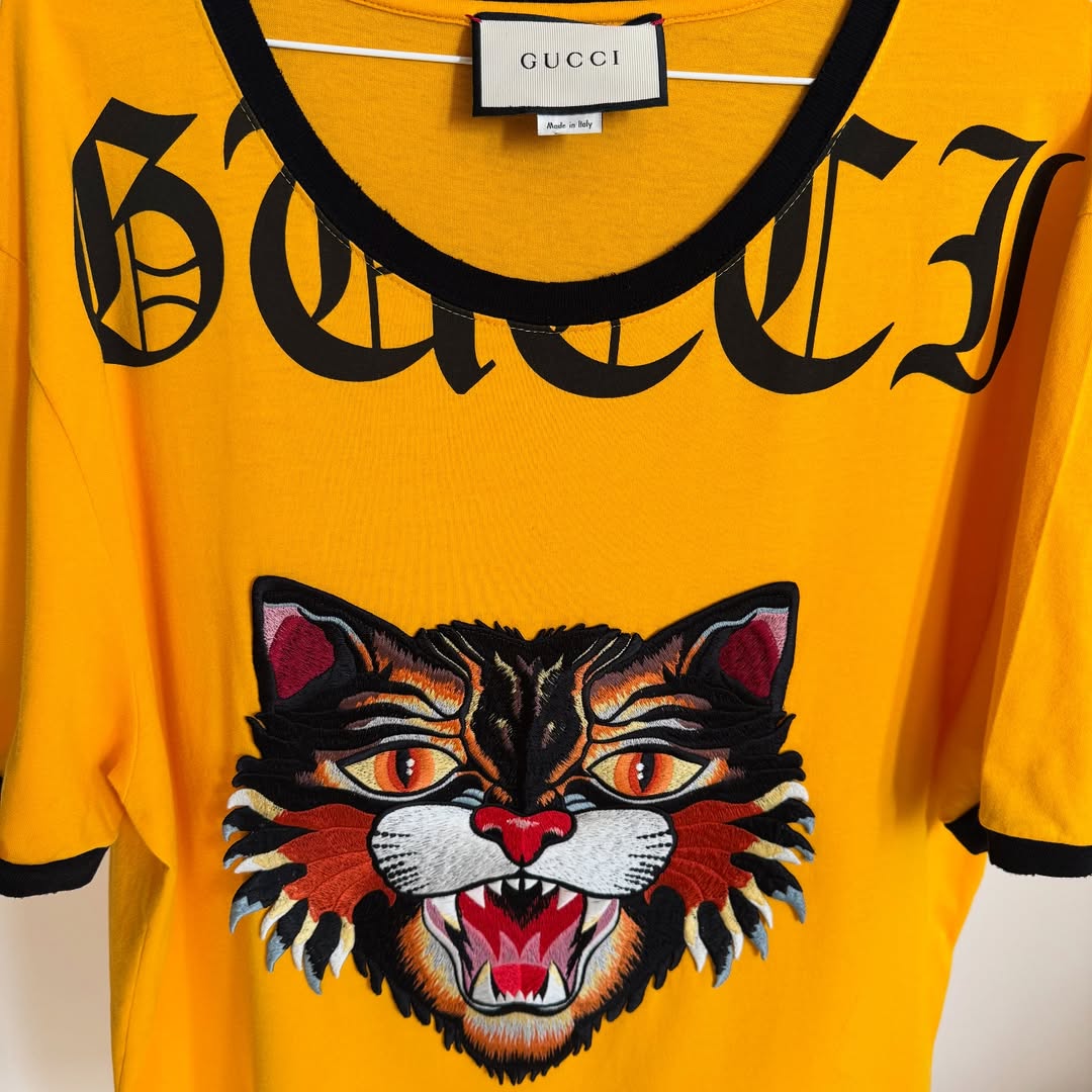 YELLOW GUCCI TIGER EMBROIDERED COTTON T-SHIRT