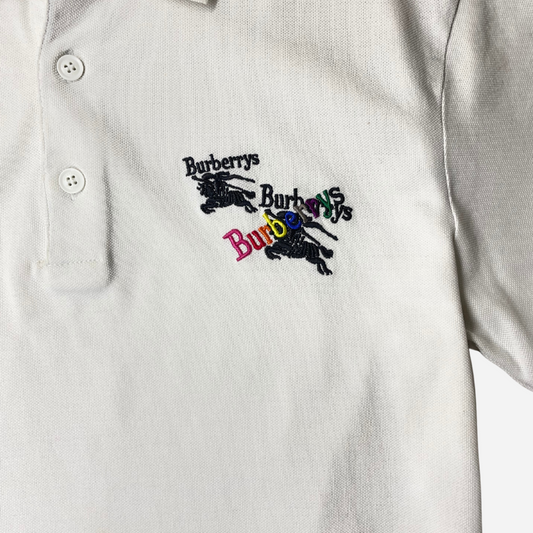 BURBERRY WHITE COTTON PIQUÉ TRIPLE ARCHIVE LOGO EMBROIDERED POLO T-SHIRT
