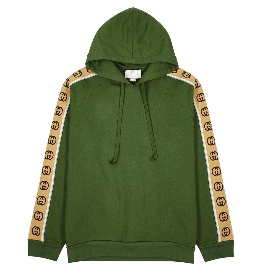 GUCCI GREEN KNIT GG STRIPE DETAIL SLEEVES HOODIE