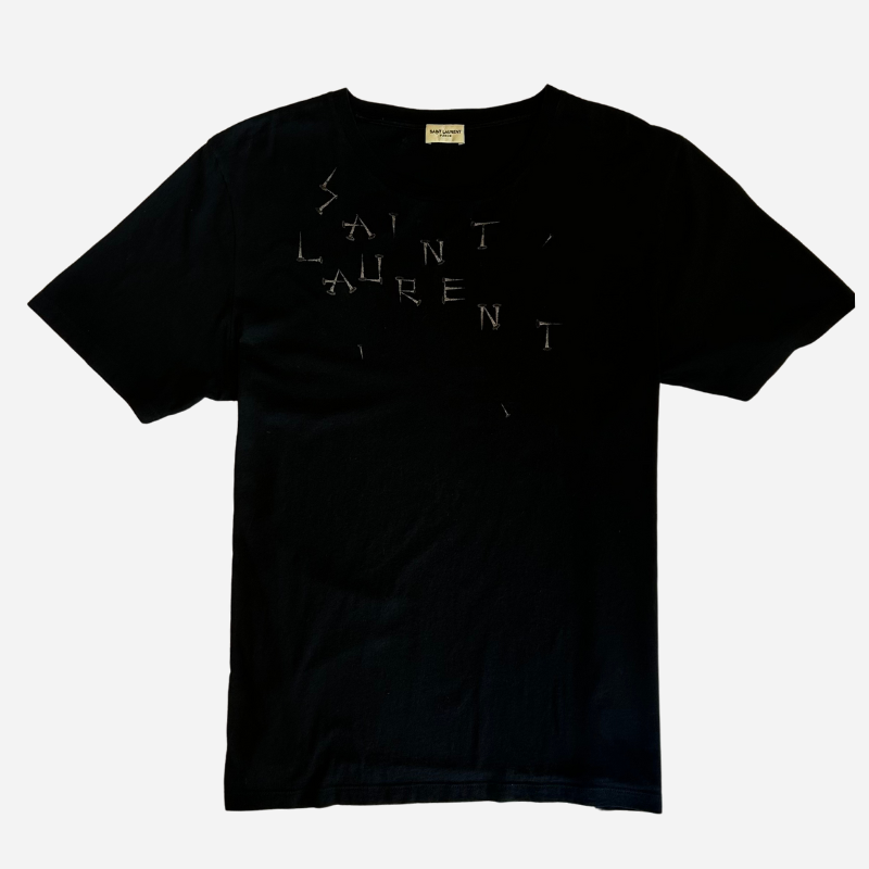 SAINT LAURENT BLACK DISTRESSED LOGO T-SHIRT