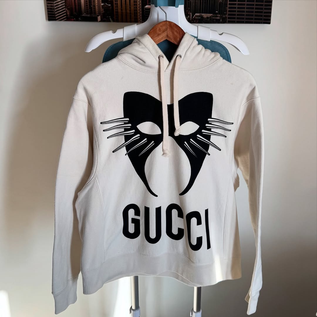 GUCCI CREAM COTTON PRINTED MANIFESTO OVERSIZED HOODIE