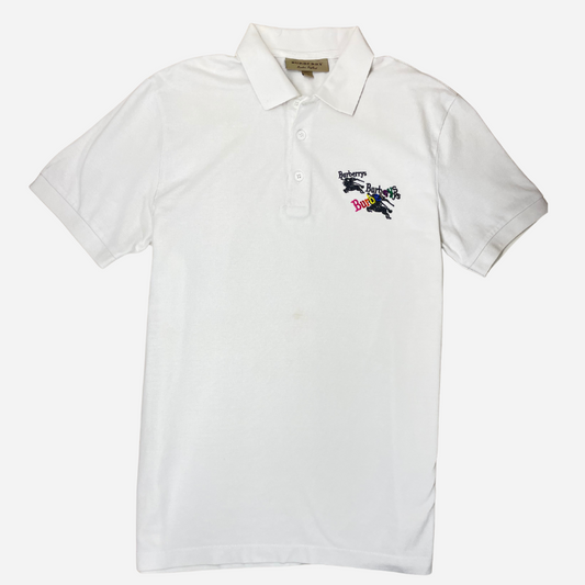BURBERRY WHITE COTTON PIQUÉ TRIPLE ARCHIVE LOGO EMBROIDERED POLO T-SHIRT