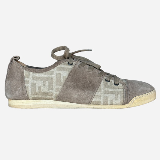 FENDI BEIGE MONOGRAM CANVAS AND SUEDE CAP TOE SNEAKERS