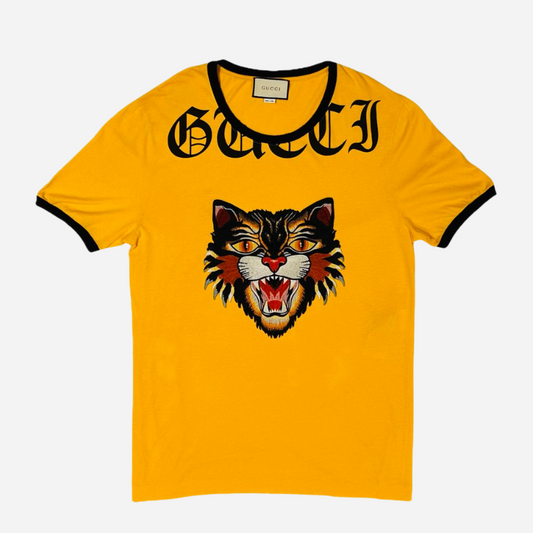 YELLOW GUCCI TIGER EMBROIDERED COTTON T-SHIRT