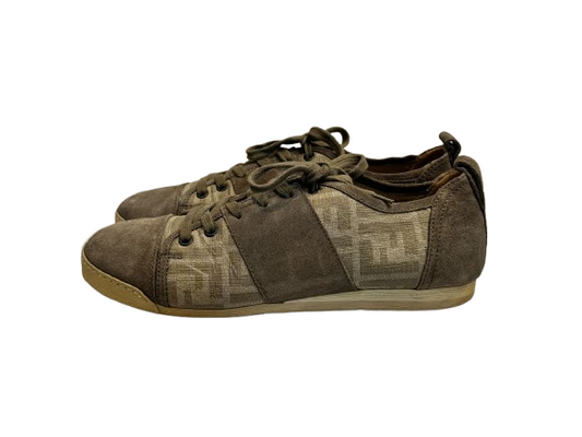 FENDI BEIGE MONOGRAM CANVAS AND SUEDE CAP TOE SNEAKERS