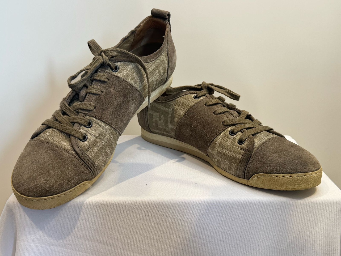 FENDI BEIGE MONOGRAM CANVAS AND SUEDE CAP TOE SNEAKERS