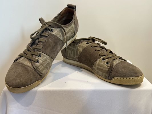 FENDI BEIGE MONOGRAM CANVAS AND SUEDE CAP TOE SNEAKERS