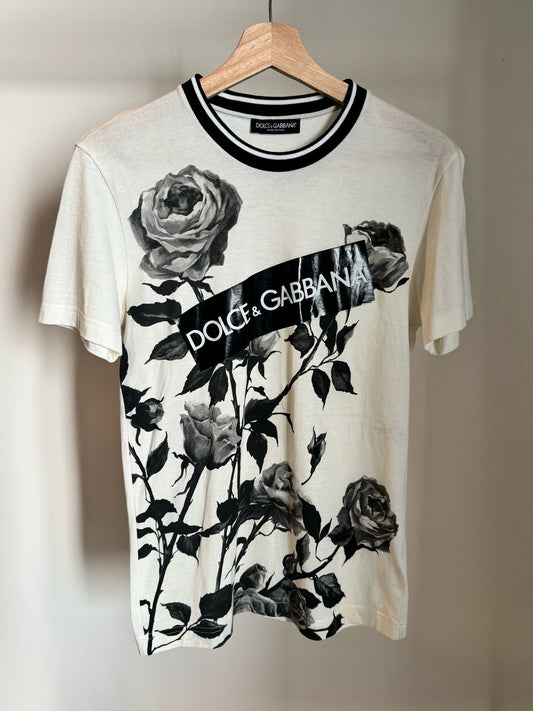 DOLCE & GABBANA WHITE ROSES CREWNECK SHORT SLEEVE T-SHIRT