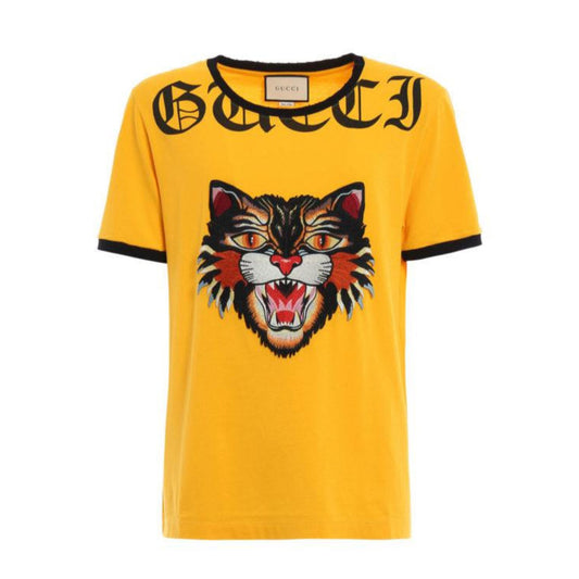 YELLOW GUCCI TIGER EMBROIDERED COTTON T-SHIRT