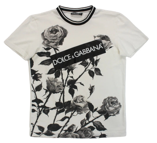 DOLCE & GABBANA WHITE ROSES CREWNECK SHORT SLEEVE T-SHIRT