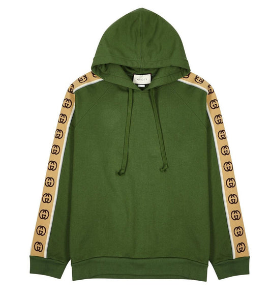 GUCCI GREEN KNIT GG STRIPE DETAIL SLEEVES HOODIE