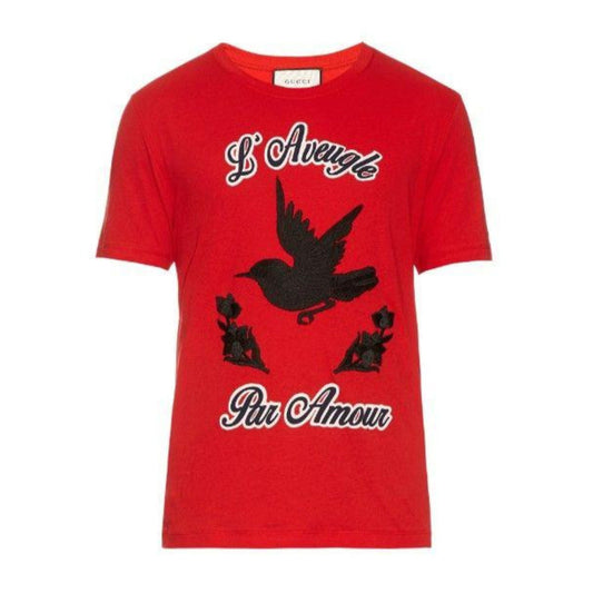 GUCCI RED L'AVEUGLE PAR AMOUR PRINT COTTON CREW NECK T-SHIRT